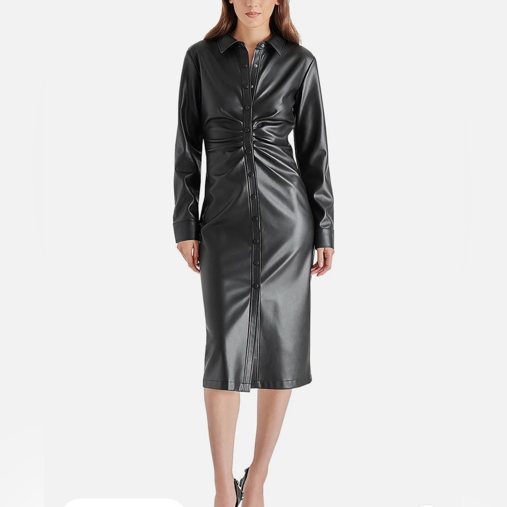 Steve Madden Mclain Womens Faux Leather Midi Shirtdress Black Dress